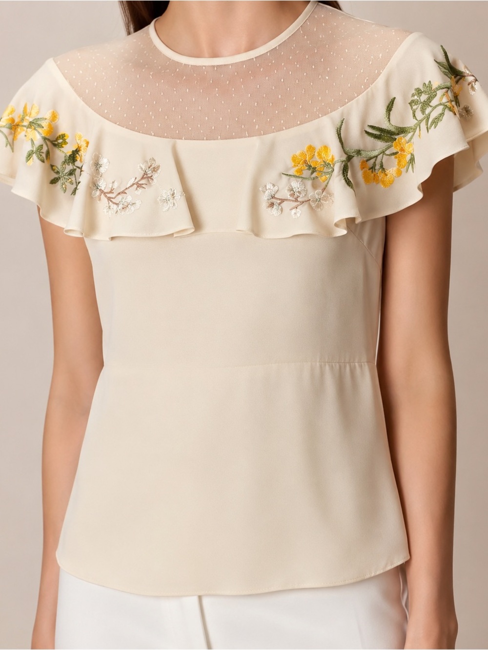 NWT Karen Millen Embroidered Floral Mesh Yoke Top – UK 8 / US 4 / EU 36 NWT